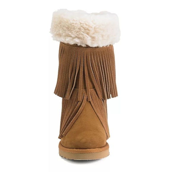 Madden Girl Brown Cognac Faux Fur Sleet Fringe Wedge Platform Boots - Picture 2 of 5